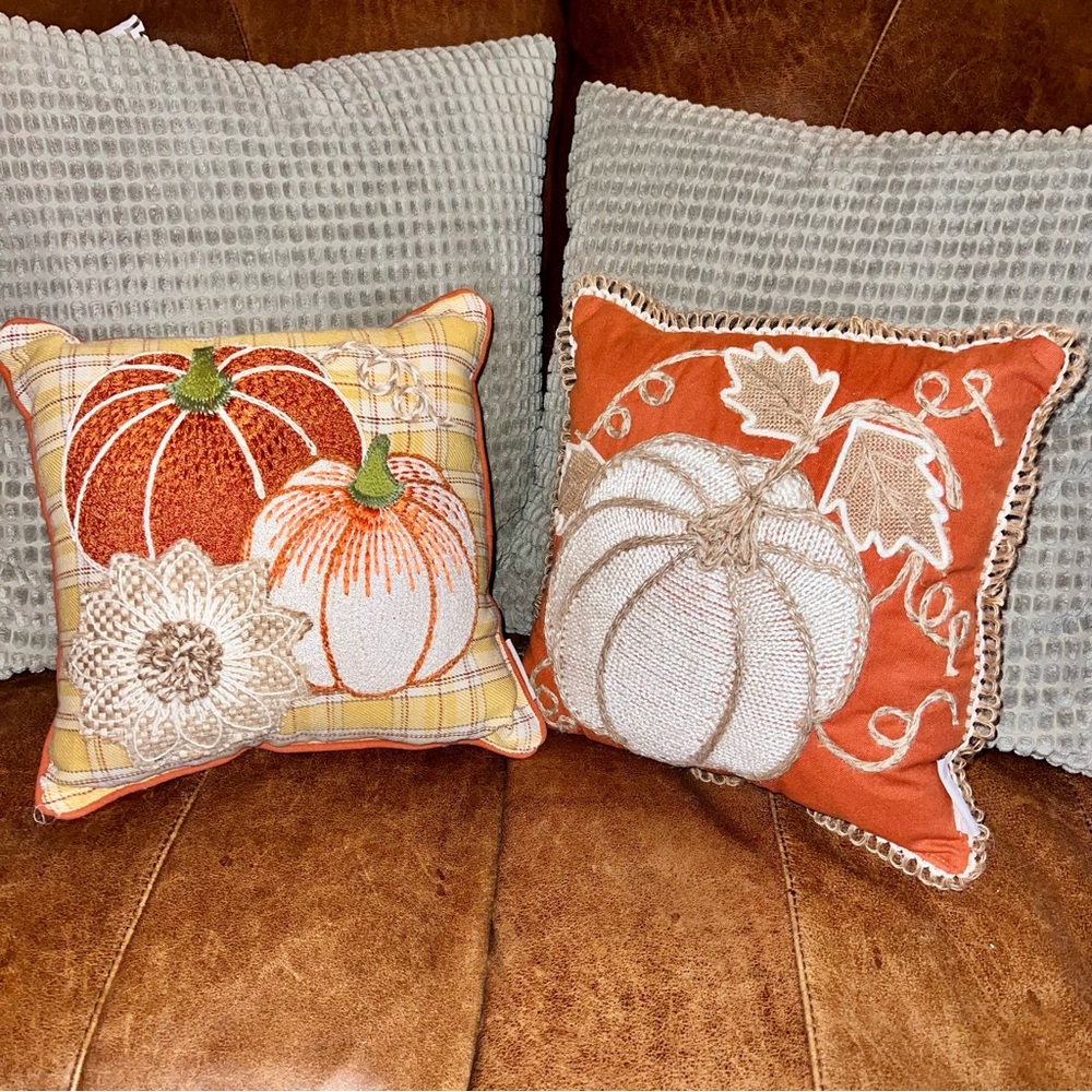 Autumn Hill Fall/Festive Pumpkin Decorative Pillow Set (2) 14”x14” Hemp trim BYO
